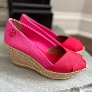 Tory Burch Filipa Colorblock Espadrilles Pink Red Peep Toe Wedge Heel Size 7B